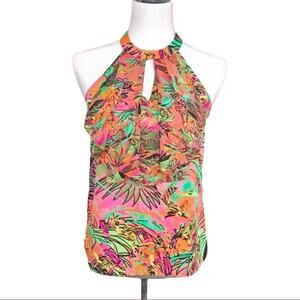 Macys Colorful Pink & Black Blouse Tropical Print Ruffle Halter Tank